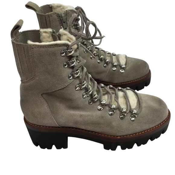 Jeffrey Campbell Stanley Faux Fur Trim Lace Up Hiker Boots Suede Taupe Beige 5.5 - Picture 1 of 14